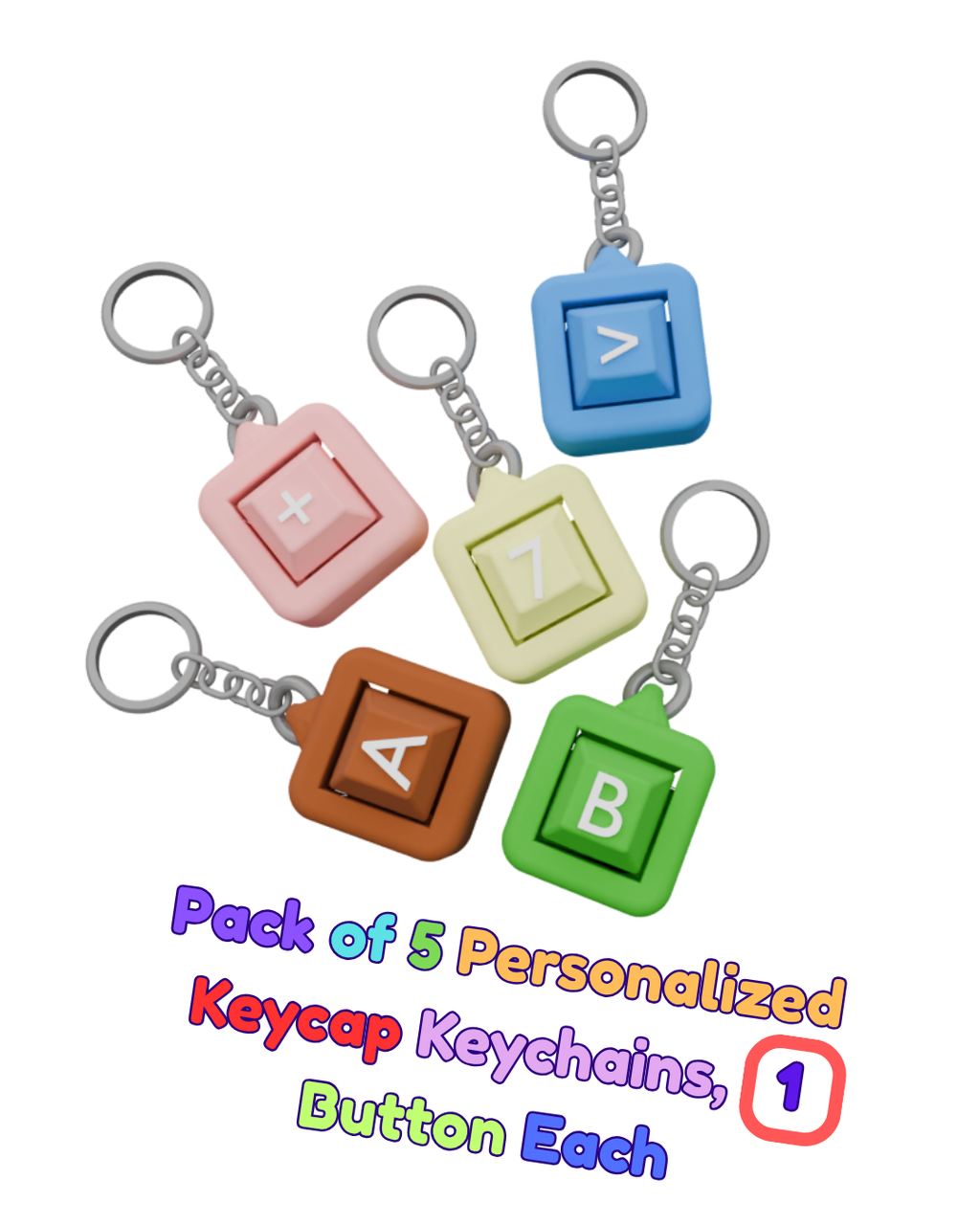 Pack of 5 Personalized Keycap Keychains – 1 Button Each