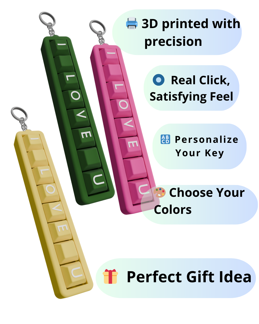 8 Clickable Keys – Personalized Mechanical Keycap Keyring